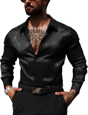 Men Metallic Satin Dress Shirt Luxury Jacquard Long Sleeve Casual Button Down Shirts Silk Shirts