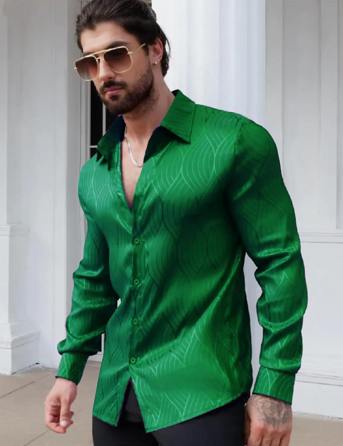 Men Metallic Satin Dress Shirt Luxury Jacquard Long Sleeve Casual Button Down Shirts Silk Shirts