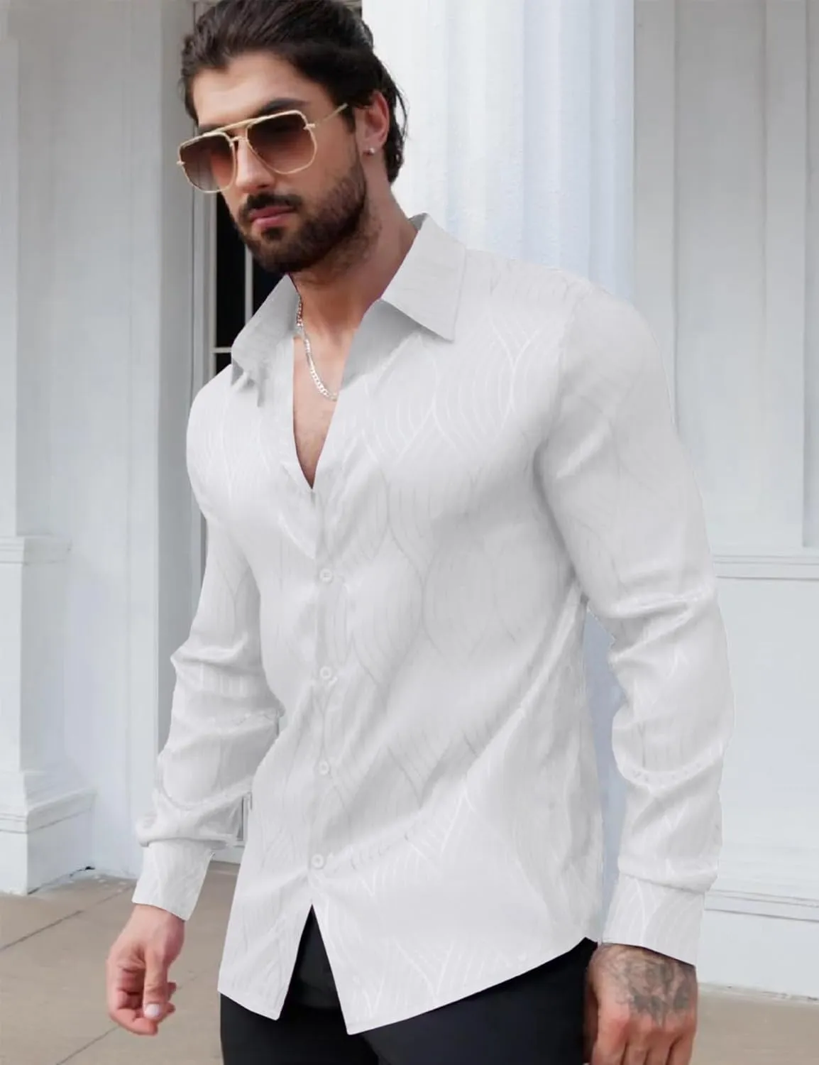 Men Metallic Satin Dress Shirt Luxury Jacquard Long Sleeve Casual Button Down Shirts Silk Shirts