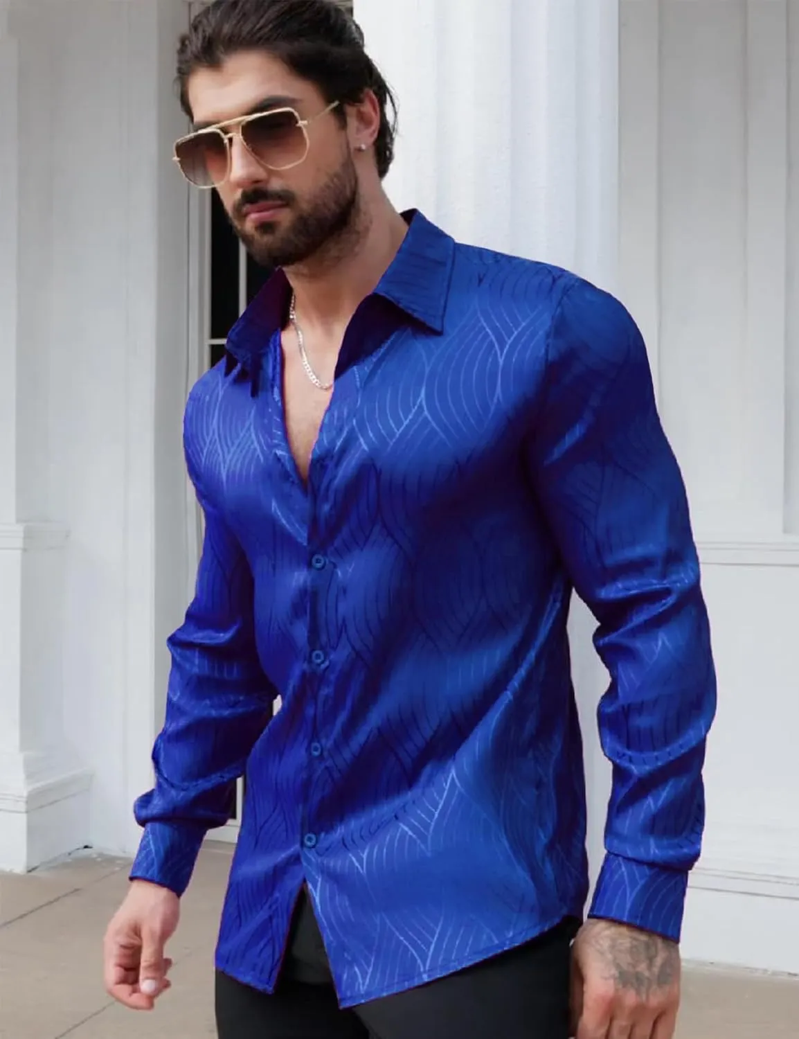 Men Metallic Satin Dress Shirt Luxury Jacquard Long Sleeve Casual Button Down Shirts Silk Shirts