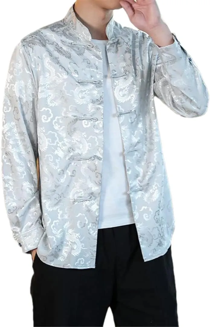 Men Satin Silk Shirts Chinese Dress Shirt Chinese Traditional Button Shirt Cardigan