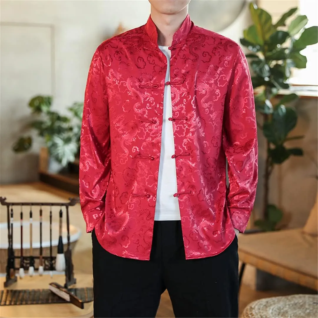 Men Satin Silk Shirts Chinese Dress Shirt Chinese Traditional Button Shirt Cardigan