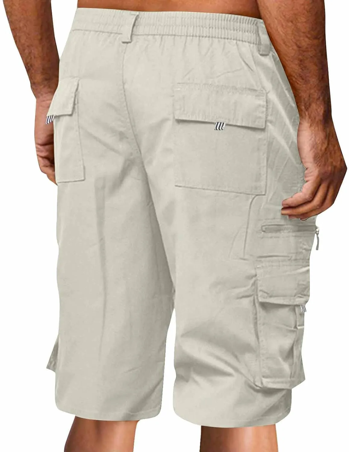 Men's Cargo Shorts 3/4 Relaxed Fit Below Knee Length Shorts 7 Pockets Elastic Waist Cotton Hiking Shorts