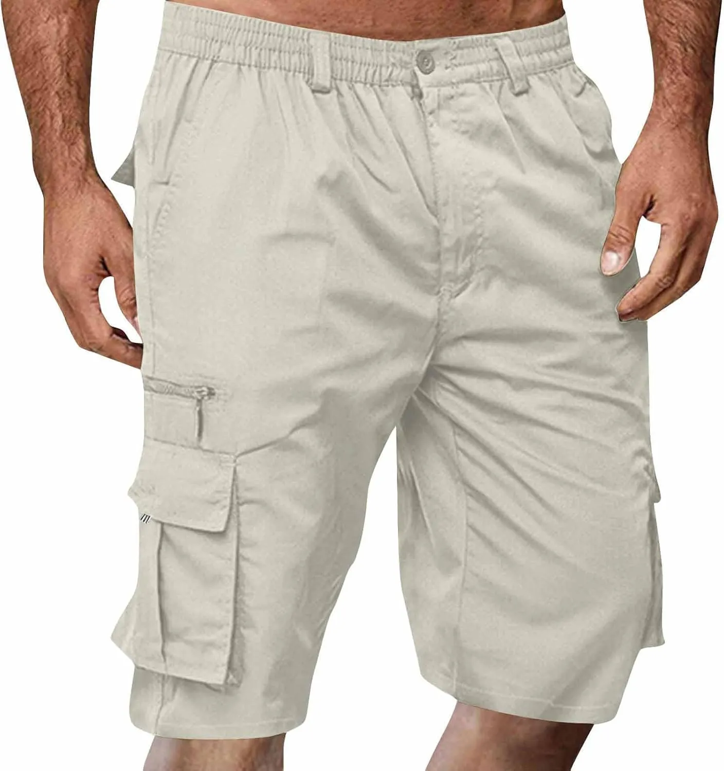 Men's Cargo Shorts 3/4 Relaxed Fit Below Knee Length Shorts 7 Pockets Elastic Waist Cotton Hiking Shorts