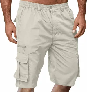 Men's Cargo Shorts 3/4 Relaxed Fit Below Knee Length Shorts 7 Pockets Elastic Waist Cotton Hiking Shorts