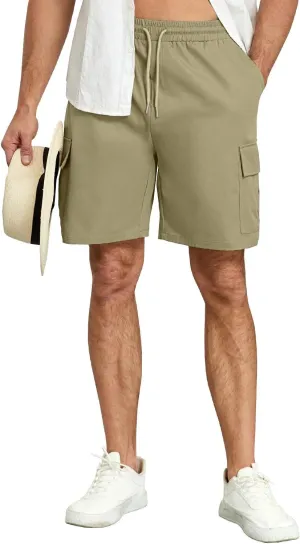 Men's Cargo Shorts Casual Elastic Waist Drawstring Summer Cotton Work Jogger Shorts with 5 Pockets for Golf Hiking