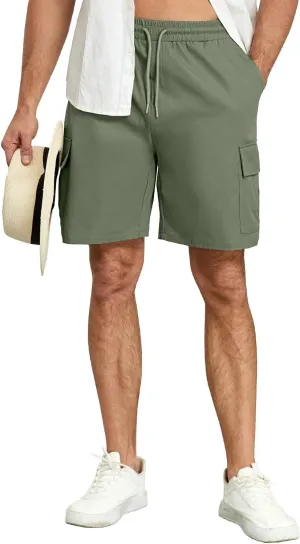 Men's Cargo Shorts Casual Elastic Waist Drawstring Summer Cotton Work Jogger Shorts with 5 Pockets for Golf Hiking