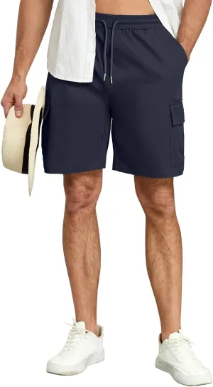Men's Cargo Shorts Casual Elastic Waist Drawstring Summer Cotton Work Jogger Shorts with 5 Pockets for Golf Hiking