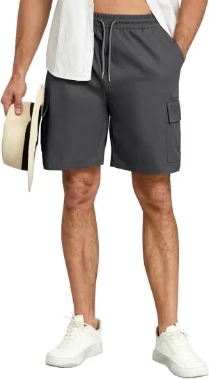 Men's Cargo Shorts Casual Elastic Waist Drawstring Summer Cotton Work Jogger Shorts with 5 Pockets for Golf Hiking