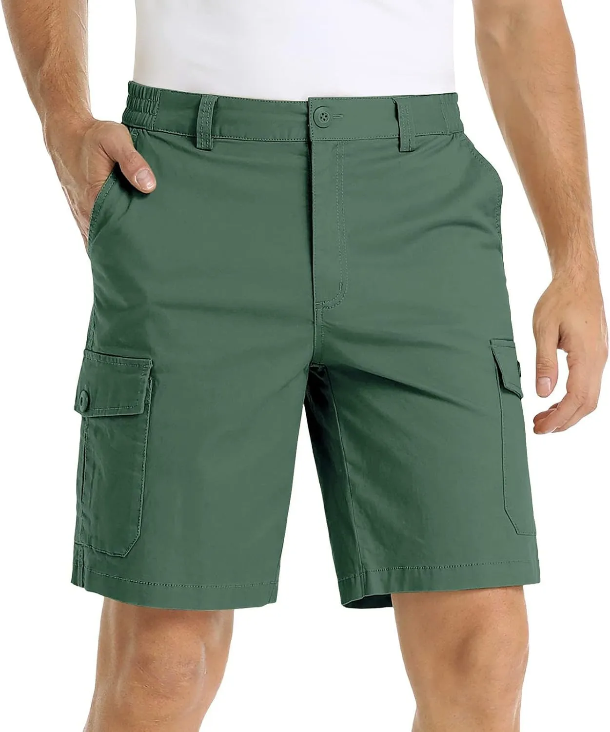 Mens Cargo Shorts Summer Twill Cotton Beach Elastic Waist Casual Work Comfort and Lightweight Short with Multi Pocket