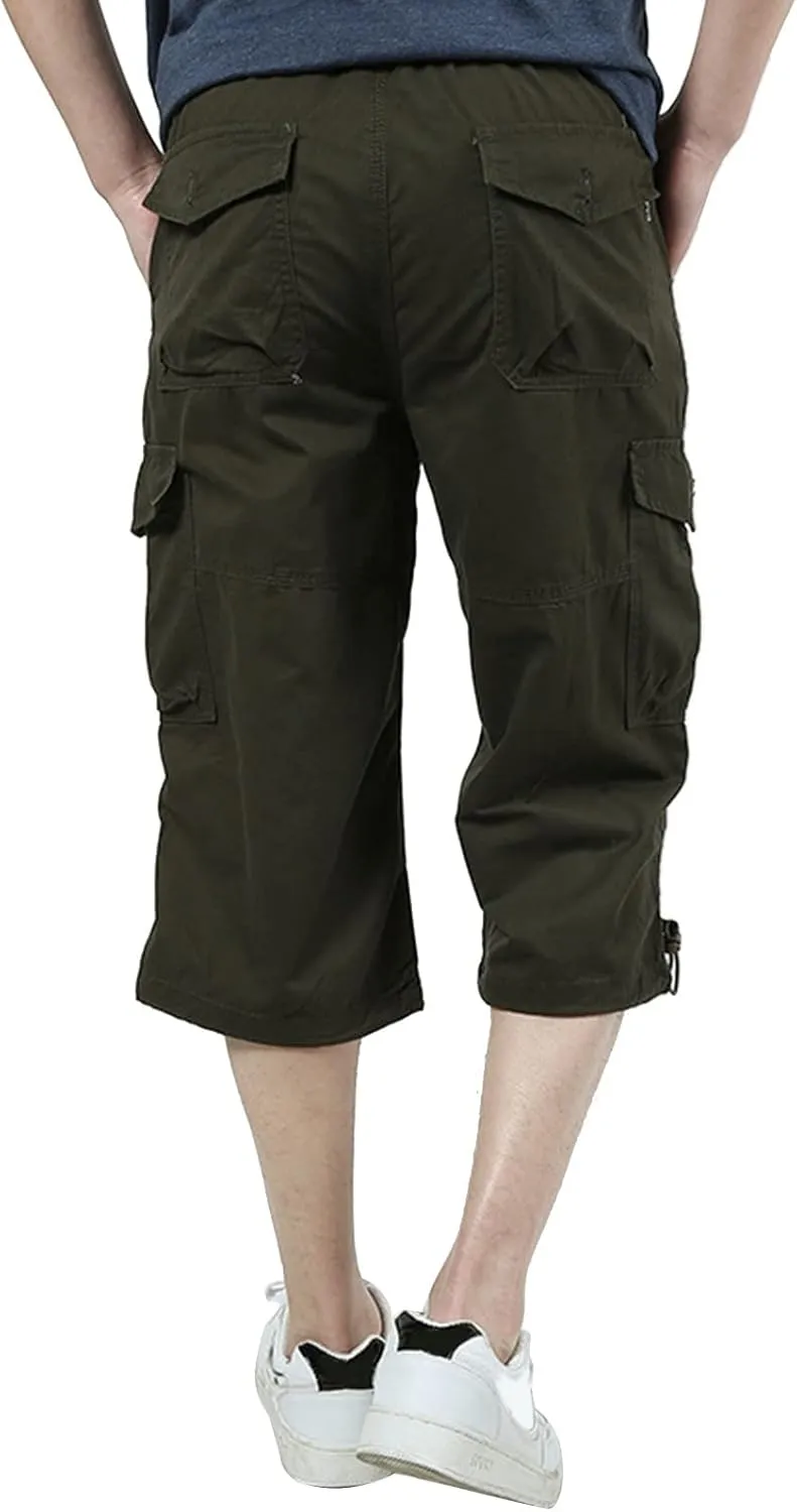 Men's Casual Cargo Shorts 16" Inseam Below Knee Multi Pocket Trendy 3/4 Capri Long Shorts Twill Relaxed Fit Pants