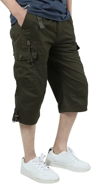 Men's Casual Cargo Shorts 16" Inseam Below Knee Multi Pocket Trendy 3/4 Capri Long Shorts Twill Relaxed Fit Pants