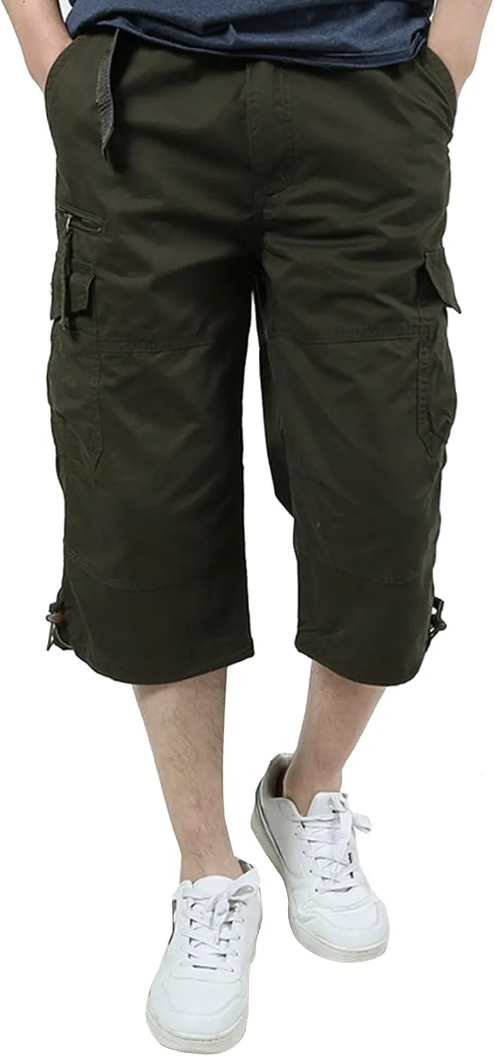 Men's Casual Cargo Shorts 16" Inseam Below Knee Multi Pocket Trendy 3/4 Capri Long Shorts Twill Relaxed Fit Pants