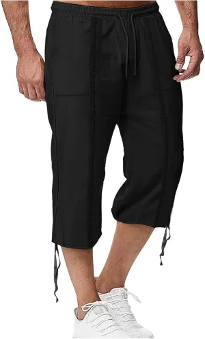 Men's Cotton Linen Lounge Shorts 3/4 Length Drawstring Waist Baggy Capri Pants for Summer Casual Sport