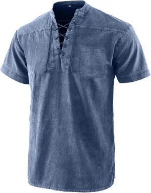 Men's Cotton Linen T-Shirts Short Sleeve V Neck Lace Up Henley Shirts Retro Notch Neck Pullover Shirt Sport Undershirt