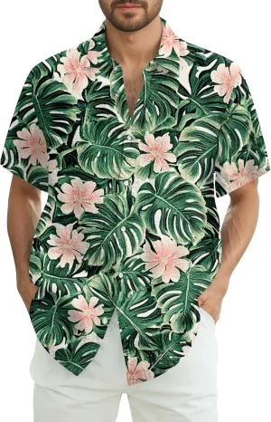 Men's Hawaiian Shirt Short Sleeves Floral Palm Tree Printed Button Down Summer Beach Bowling Dress Shirts
