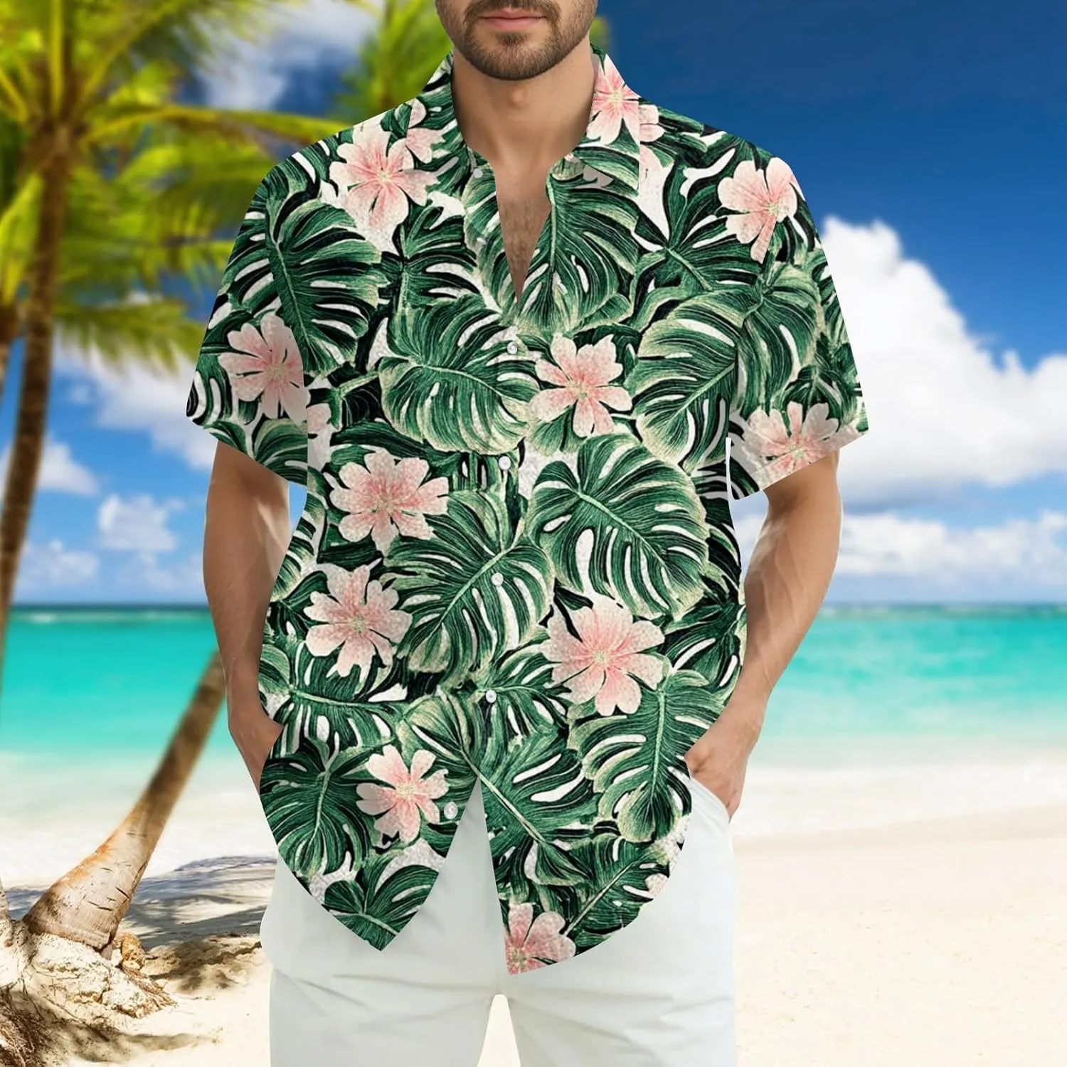 Men's Hawaiian Shirt Short Sleeves Floral Palm Tree Printed Button Down Summer Beach Bowling Dress Shirts
