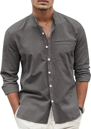 Mens Linen Shirts Casual Business Dress T-Shirts Button Down Stand Collar Tees Long Sleeve Comfy Summer Beach Tops