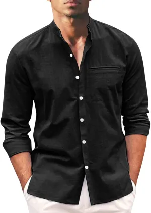 Mens Linen Shirts Casual Business Dress T-Shirts Button Down Stand Collar Tees Long Sleeve Comfy Summer Beach Tops