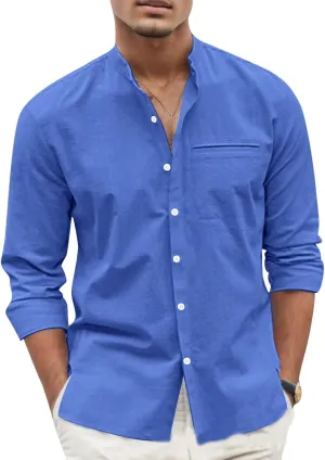 Mens Linen Shirts Casual Business Dress T-Shirts Button Down Stand Collar Tees Long Sleeve Comfy Summer Beach Tops
