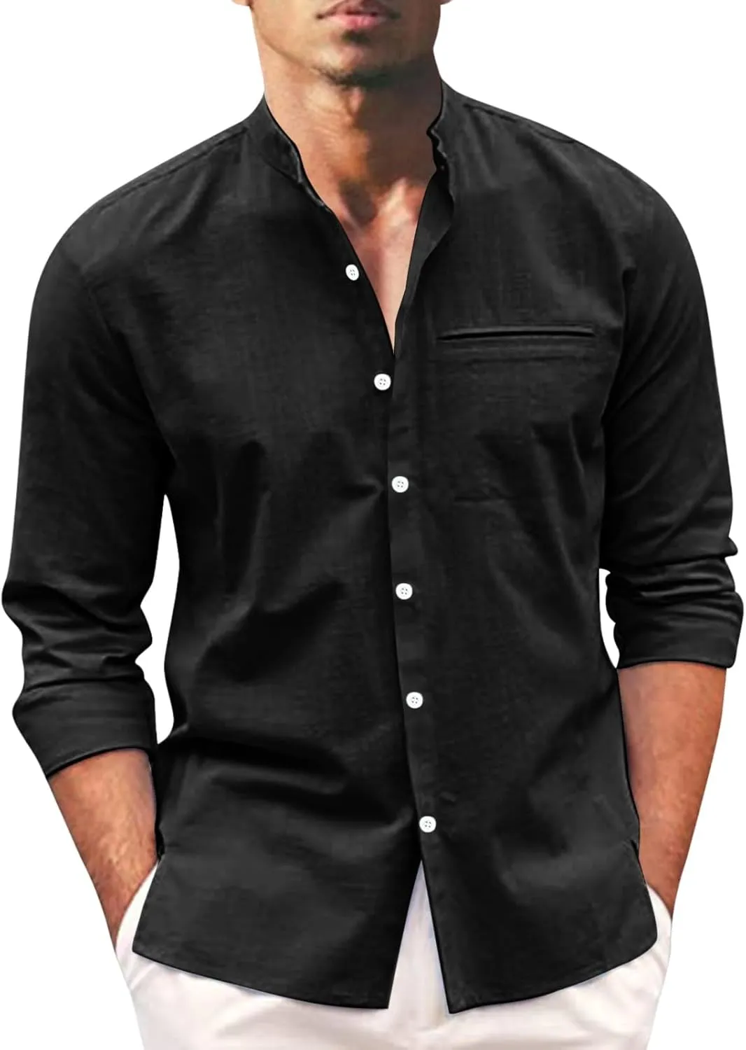 Mens Linen Shirts Casual Business Dress T-Shirts Button Down Stand Collar Tees Long Sleeve Comfy Summer Beach Tops