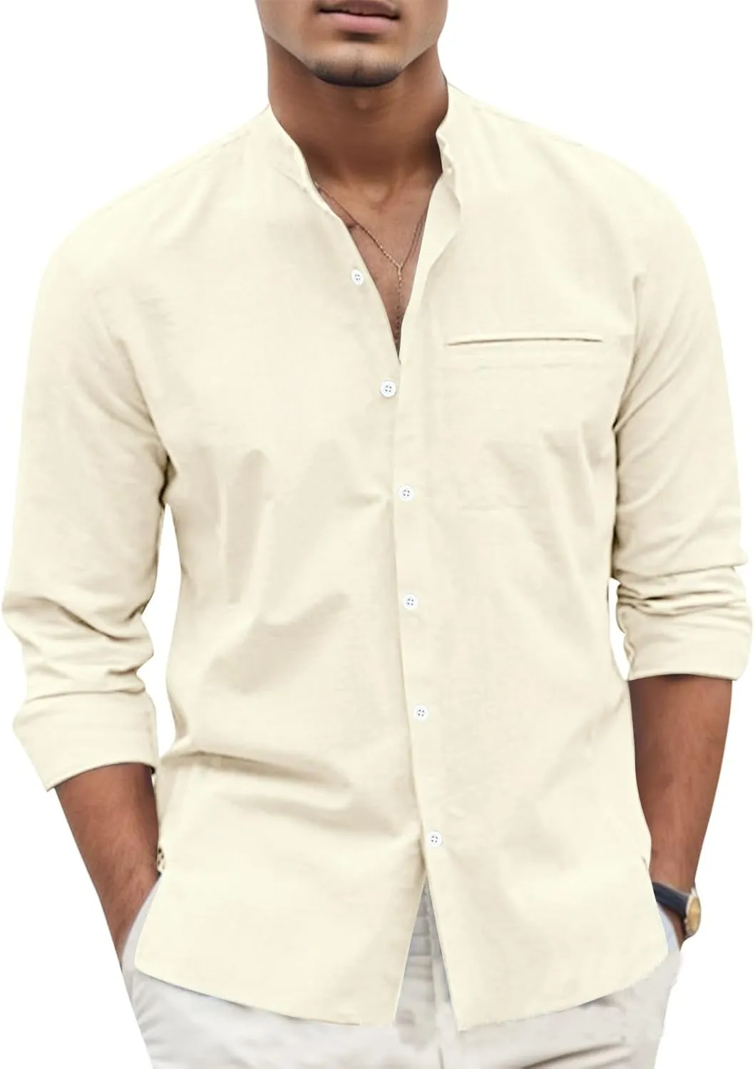 Mens Linen Shirts Casual Business Dress T-Shirts Button Down Stand Collar Tees Long Sleeve Comfy Summer Beach Tops
