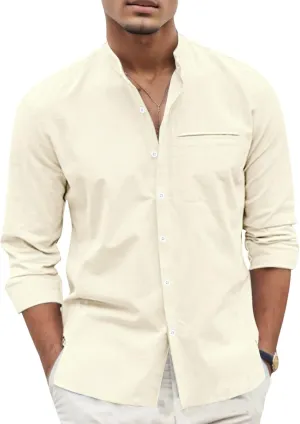 Mens Linen Shirts Casual Business Dress T-Shirts Button Down Stand Collar Tees Long Sleeve Comfy Summer Beach Tops