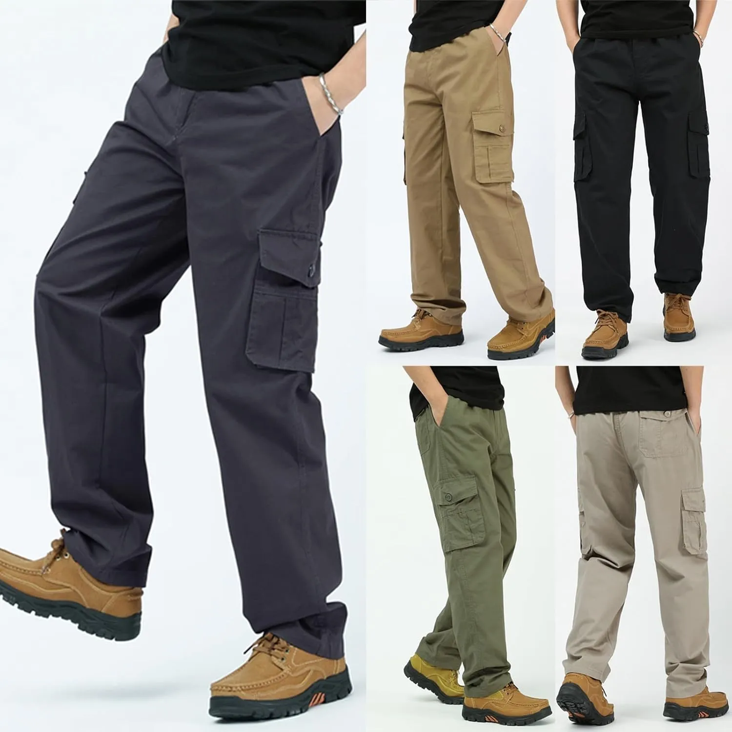 Men's Loose Fit Cotton Multi-Pockets Cargo Pants Stretch Flat-Front Outdoor Tactical Work Utility Pants(No Belt)