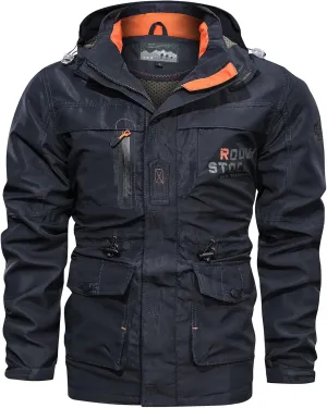 Men's Mid-Length Military Jacket Zip Up Stand Collar Tactical Jacket Outdoor Windbreaker Hooded Cargo Coat with Multi Pockets