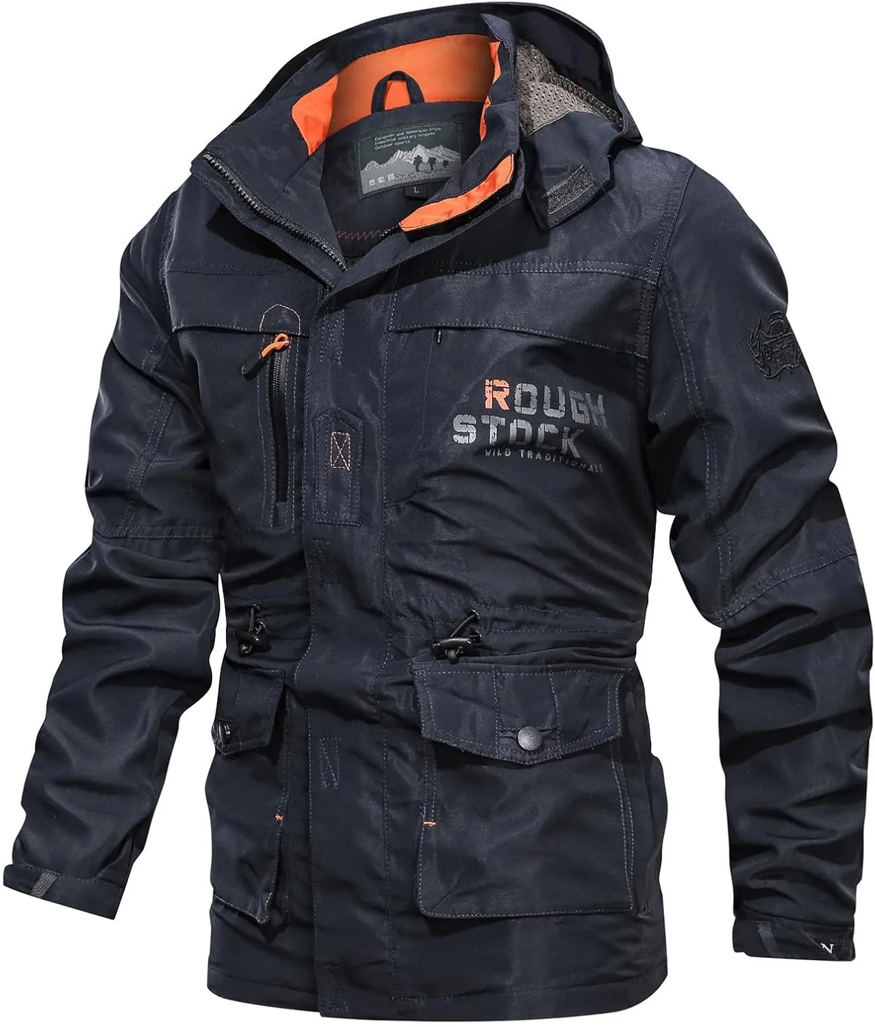 Men's Mid-Length Military Jacket Zip Up Stand Collar Tactical Jacket Outdoor Windbreaker Hooded Cargo Coat with Multi Pockets