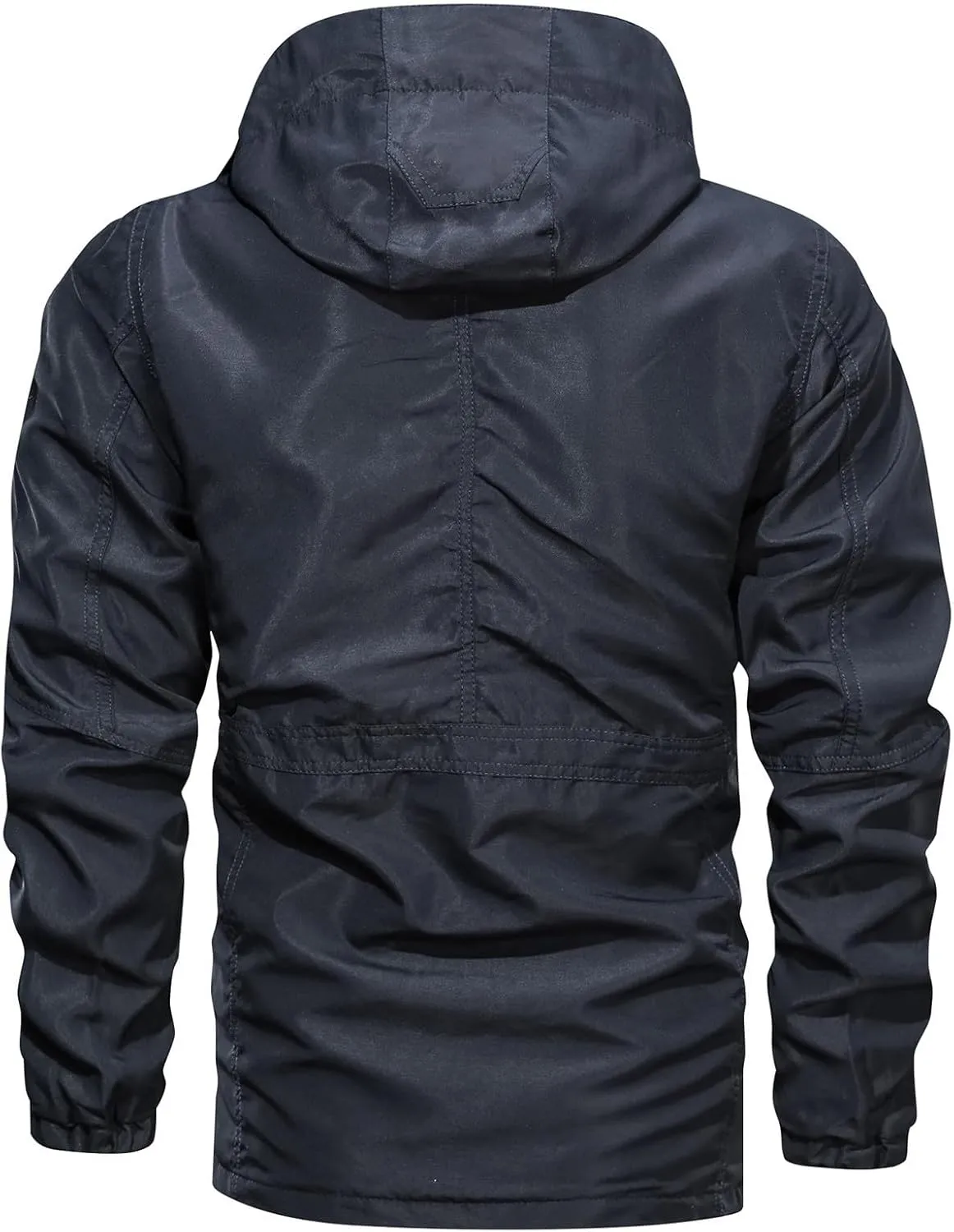 Men's Mid-Length Military Jacket Zip Up Stand Collar Tactical Jacket Outdoor Windbreaker Hooded Cargo Coat with Multi Pockets