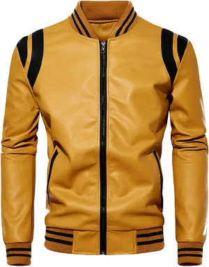 Mens Motorcycle Jacket Full Zip Stand Collar Leather Jacket Spring Fall Trendy Color Block Motor Biker Winter Jackets