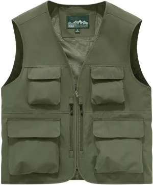 Mens Outdoor Work Safari Fishing Vest Casual Lightweight Zip Up Travel Cargo Vest Sleeveless Quick Dry Utility Jacket
