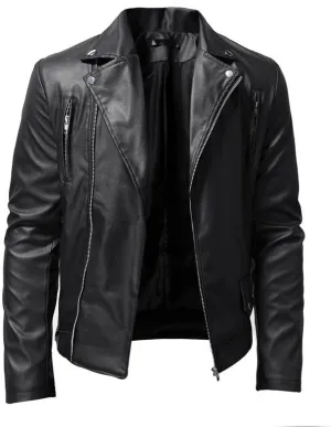 Men's PU Faux Leather Motorcycle Jacket Retro Notched Lapel Zip Up Biker Coat Causal Slim Fit Punk Outwear Overcoat