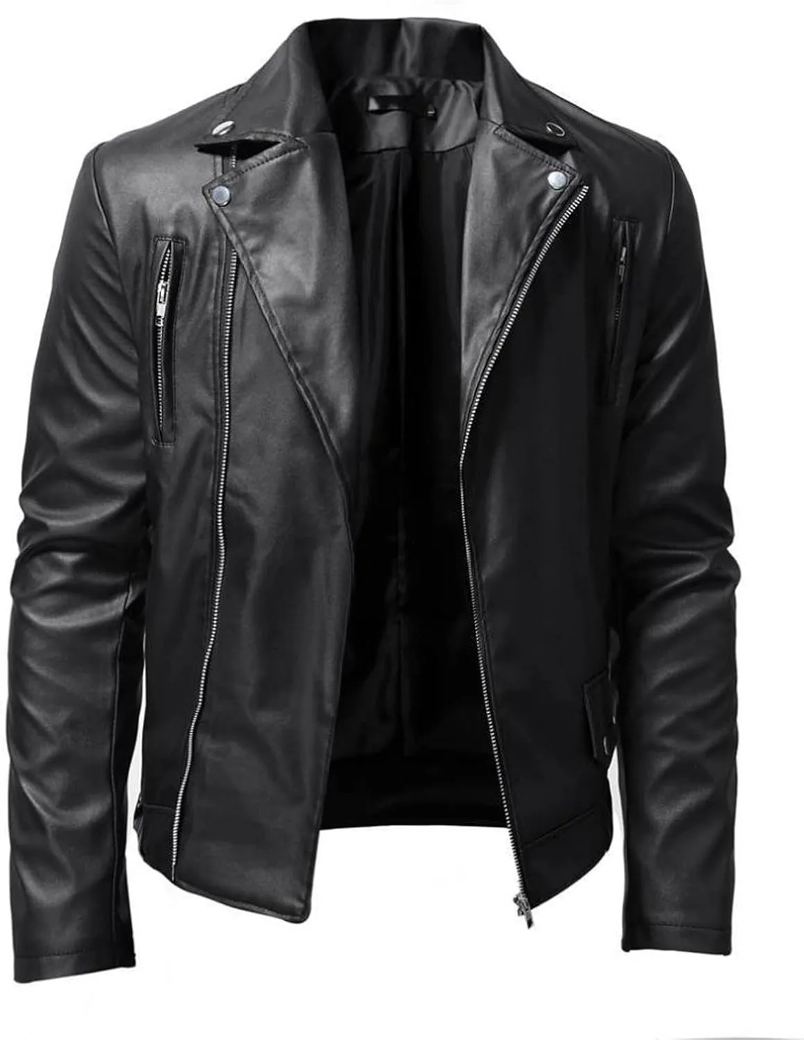 Men's PU Faux Leather Motorcycle Jacket Retro Notched Lapel Zip Up Biker Coat Causal Slim Fit Punk Outwear Overcoat