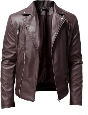 Men's PU Faux Leather Motorcycle Jacket Retro Notched Lapel Zip Up Biker Coat Causal Slim Fit Punk Outwear Overcoat