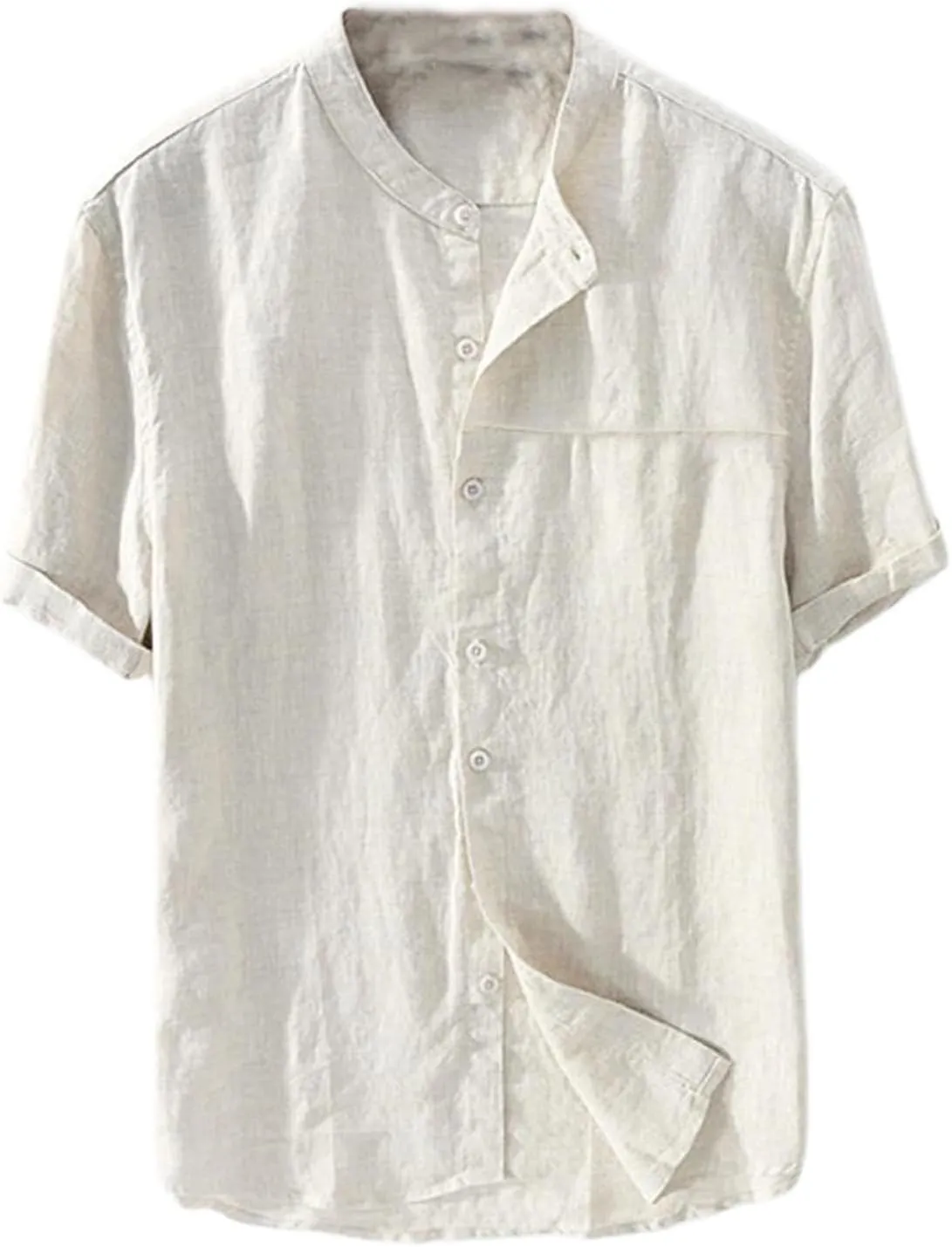 Mens Short Sleeve Linen Shirts Casual Button Down Beach T-Shirt Stand Collar Tee Summer Breathable Loose Comfy Tops