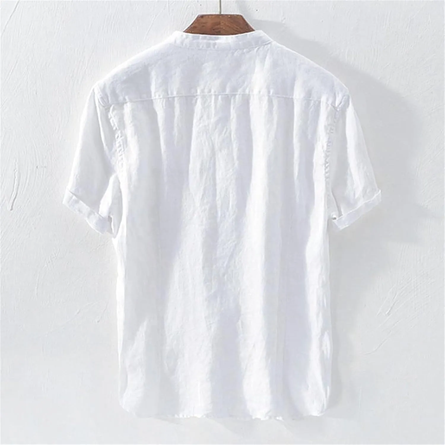 Mens Short Sleeve Linen Shirts Casual Button Down Beach T-Shirt Stand Collar Tee Summer Breathable Loose Comfy Tops