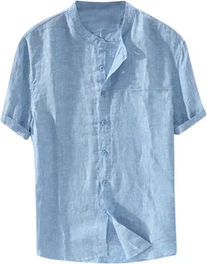Mens Short Sleeve Linen Shirts Casual Button Down Beach T-Shirt Stand Collar Tee Summer Breathable Loose Comfy Tops