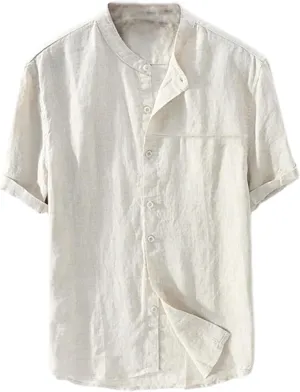 Mens Short Sleeve Linen Shirts Casual Button Down Beach T-Shirt Stand Collar Tee Summer Breathable Loose Comfy Tops