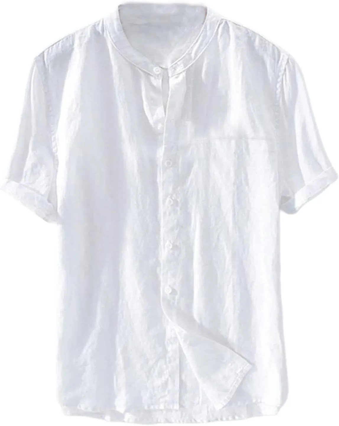 Mens Short Sleeve Linen Shirts Casual Button Down Beach T-Shirt Stand Collar Tee Summer Breathable Loose Comfy Tops