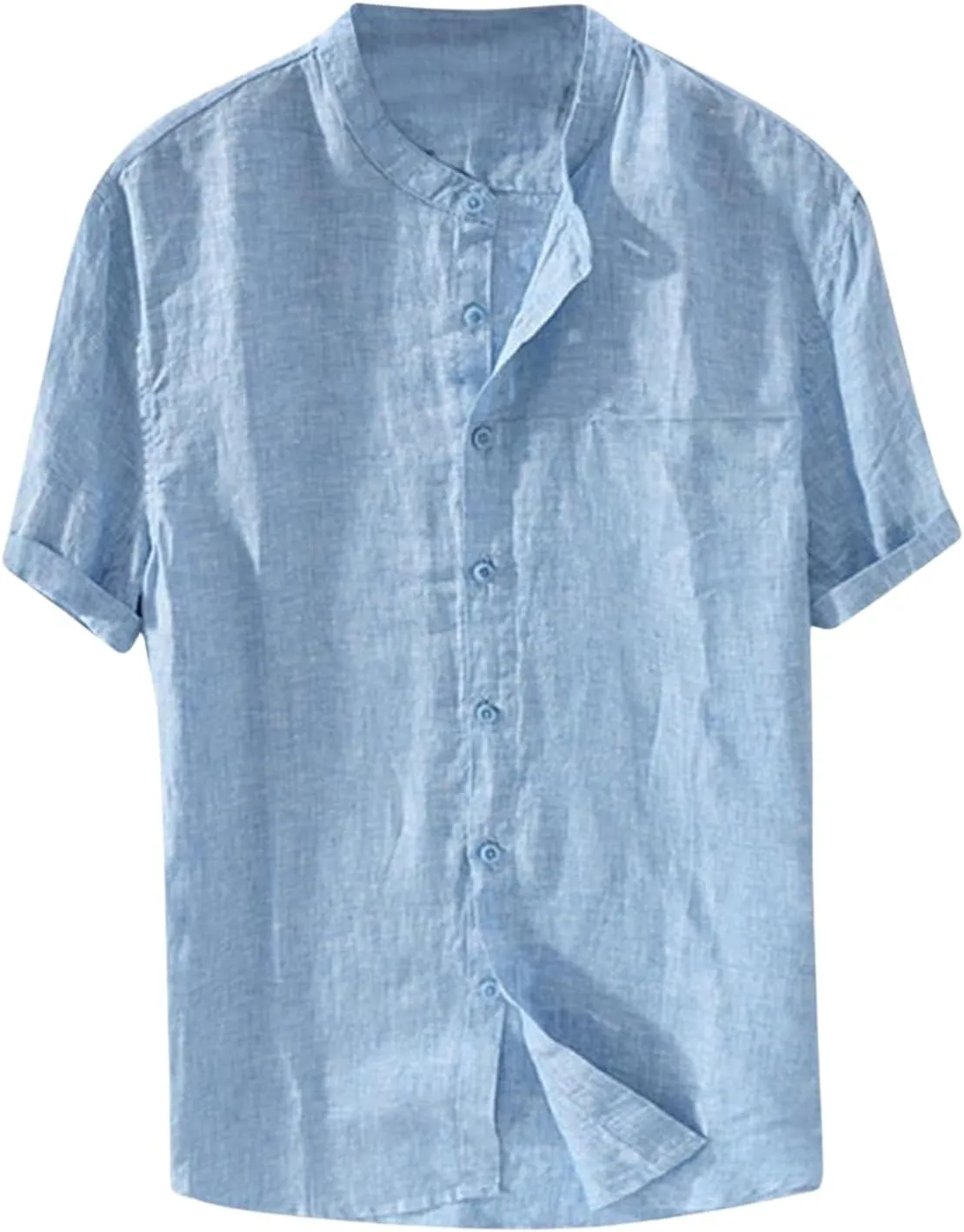 Mens Short Sleeve Linen Shirts Casual Button Down Beach T-Shirt Stand Collar Tee Summer Breathable Loose Comfy Tops