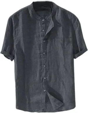 Mens Short Sleeve Linen Shirts Casual Button Down Beach T-Shirt Stand Collar Tee Summer Breathable Loose Comfy Tops