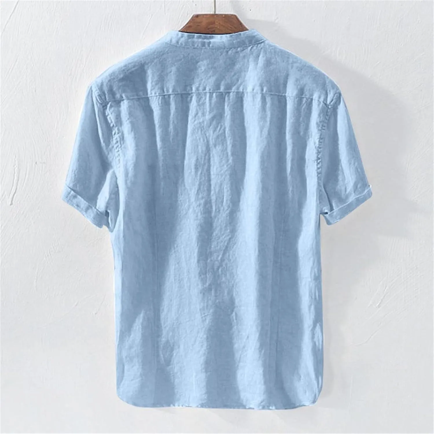 Mens Short Sleeve Linen Shirts Casual Button Down Beach T-Shirt Stand Collar Tee Summer Breathable Loose Comfy Tops