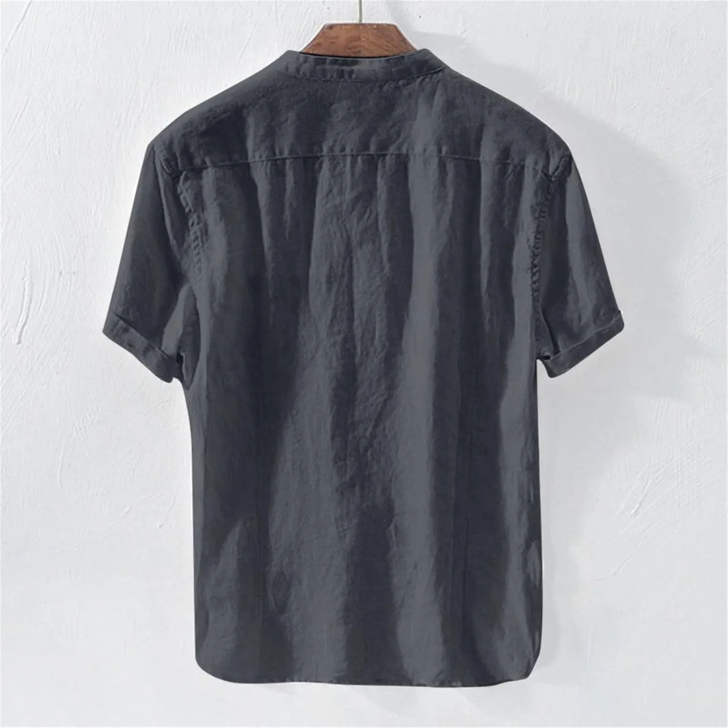 Mens Short Sleeve Linen Shirts Casual Button Down Beach T-Shirt Stand Collar Tee Summer Breathable Loose Comfy Tops