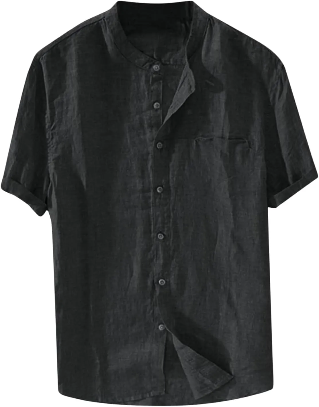 Mens Short Sleeve Linen Shirts Casual Button Down Beach T-Shirt Stand Collar Tee Summer Breathable Loose Comfy Tops