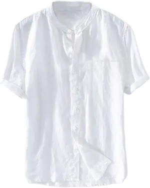 Mens Short Sleeve Linen Shirts Casual Button Down Beach T-Shirt Stand Collar Tee Summer Breathable Loose Comfy Tops