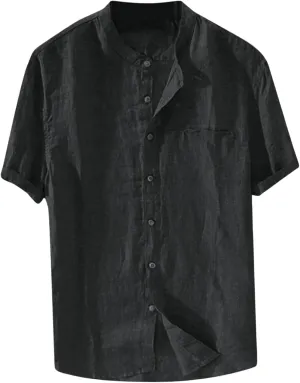 Mens Short Sleeve Linen Shirts Casual Button Down Beach T-Shirt Stand Collar Tee Summer Breathable Loose Comfy Tops