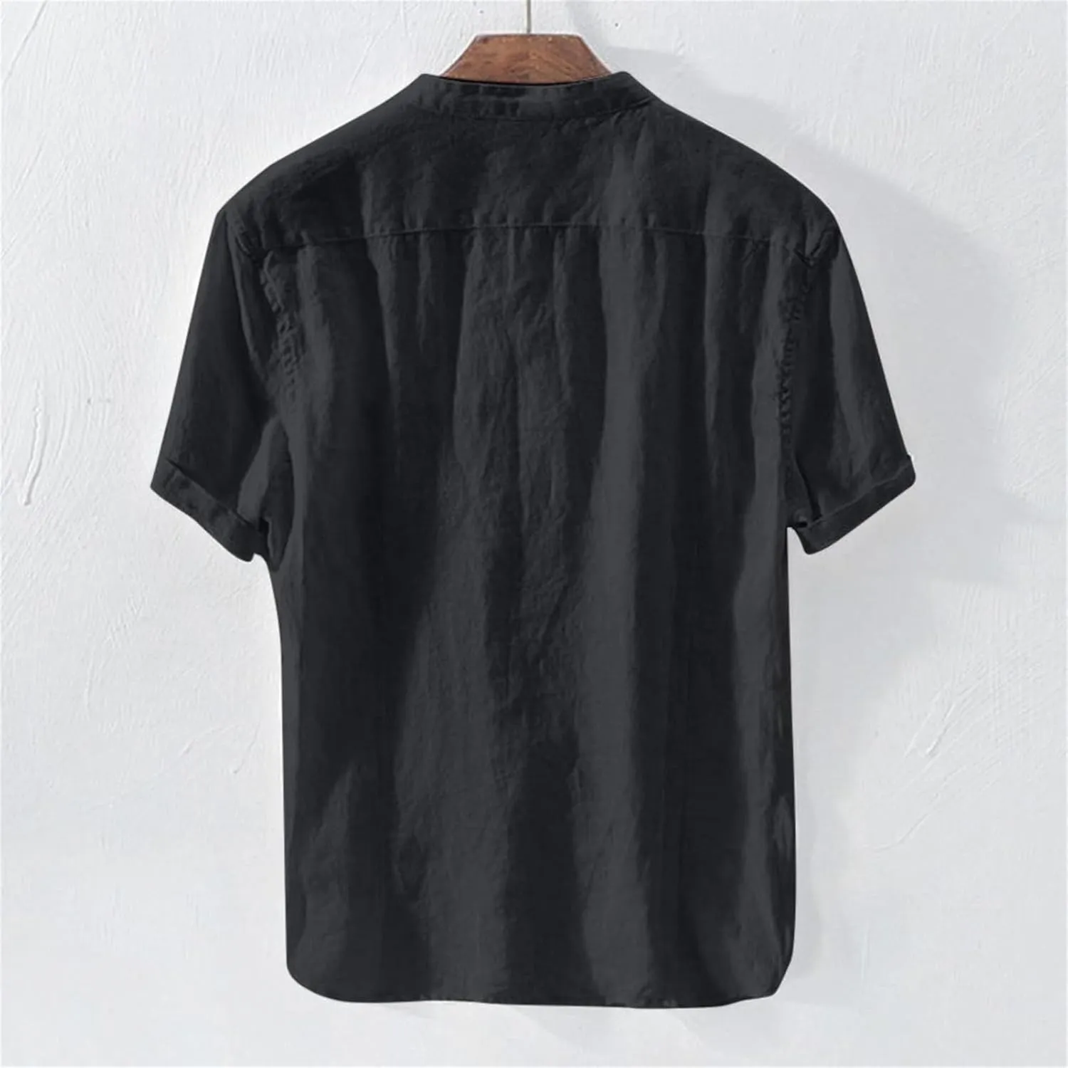 Mens Short Sleeve Linen Shirts Casual Button Down Beach T-Shirt Stand Collar Tee Summer Breathable Loose Comfy Tops