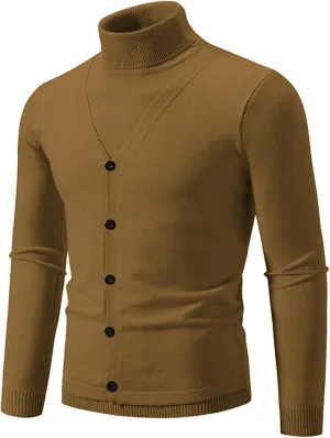 Mens V Neck Casual Cardigan Sweaters Soft Knit Long Sleeve Pullovers with Comfortable Solid Color Turtlenecks